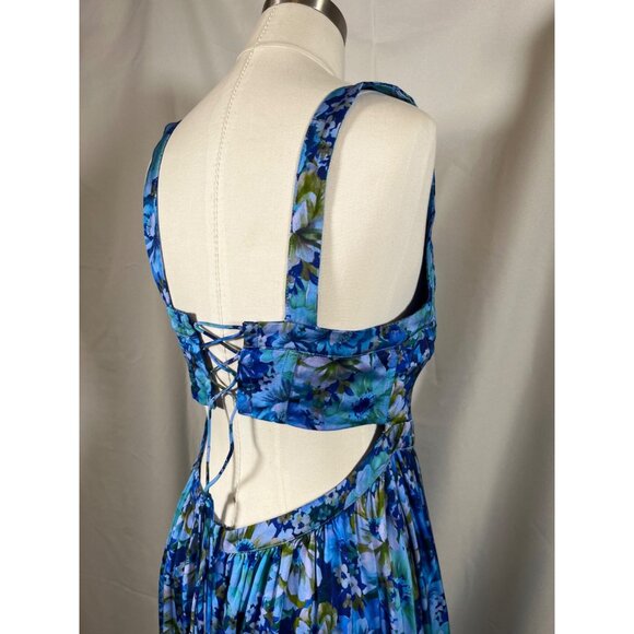 FOR LOVE & LEMONS Astor Midi Dress Blue Floral Sz L Pleated Bust Lace Up Back - Picture 14 of 16
